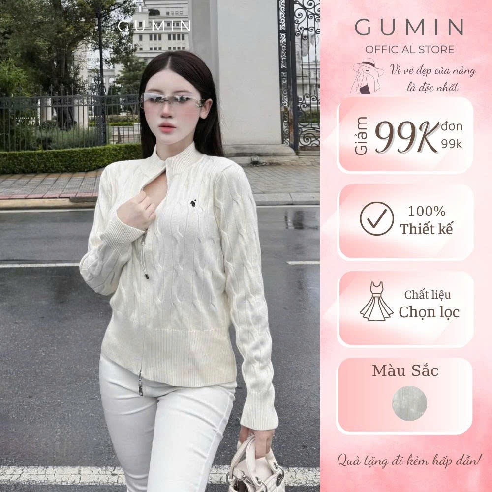 Set bộ nữ thu đông GUMIN thiết kế áo khoác len trắng dài tay họa tiết thêu logo kèm quần jean dài trắng sang trọng thang