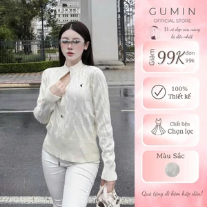 Set bộ nữ thu đông GUMIN thiết kế áo khoác len trắng dài tay họa tiết thêu logo kèm quần jean dài trắng sang trọng thang