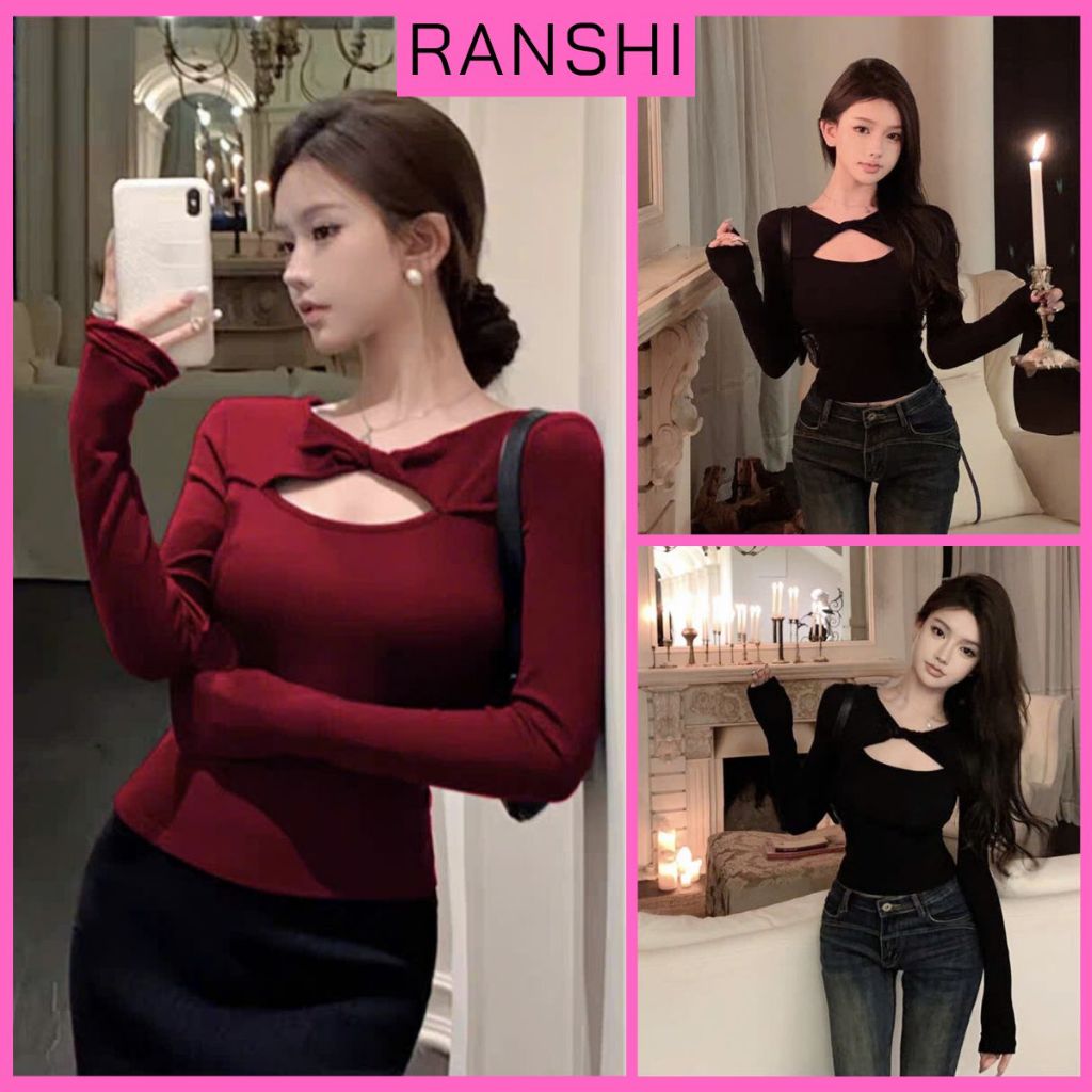 [COTTON LOẠI 1] Áo Thun Dài Tay Khoét Ngực Ôm Dáng RANSHI Sexy Quyến Rũ tôn V1 Chất Cotton Mềm Mát - RA344