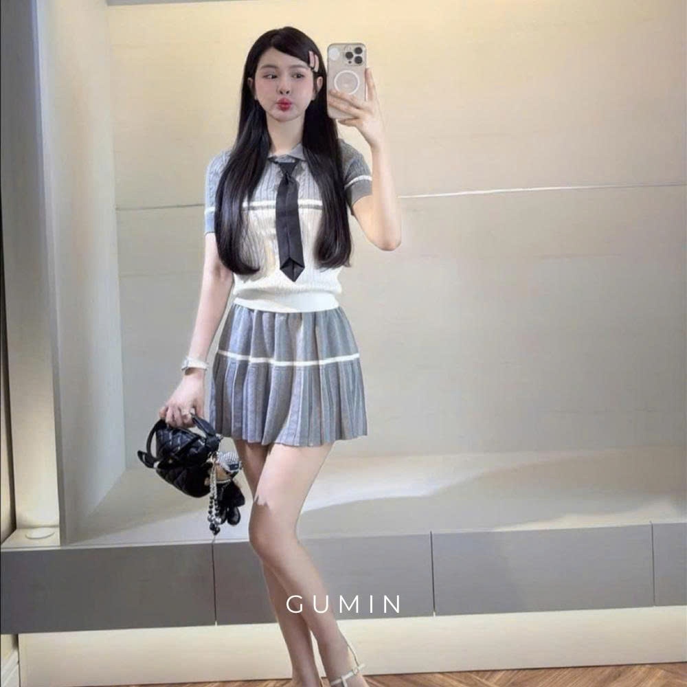 Set bộ áo váy len GUMIN thiết kế áo len ngắn tay cổ bẻ mix cà vạt kèm chân váy xếp ly sang trọng, Set đồ nữ trẻ trung th