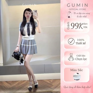 Set bộ áo váy len GUMIN thiết kế áo len ngắn tay cổ bẻ mix cà vạt kèm chân váy xếp ly sang trọng, Set đồ nữ trẻ trung th