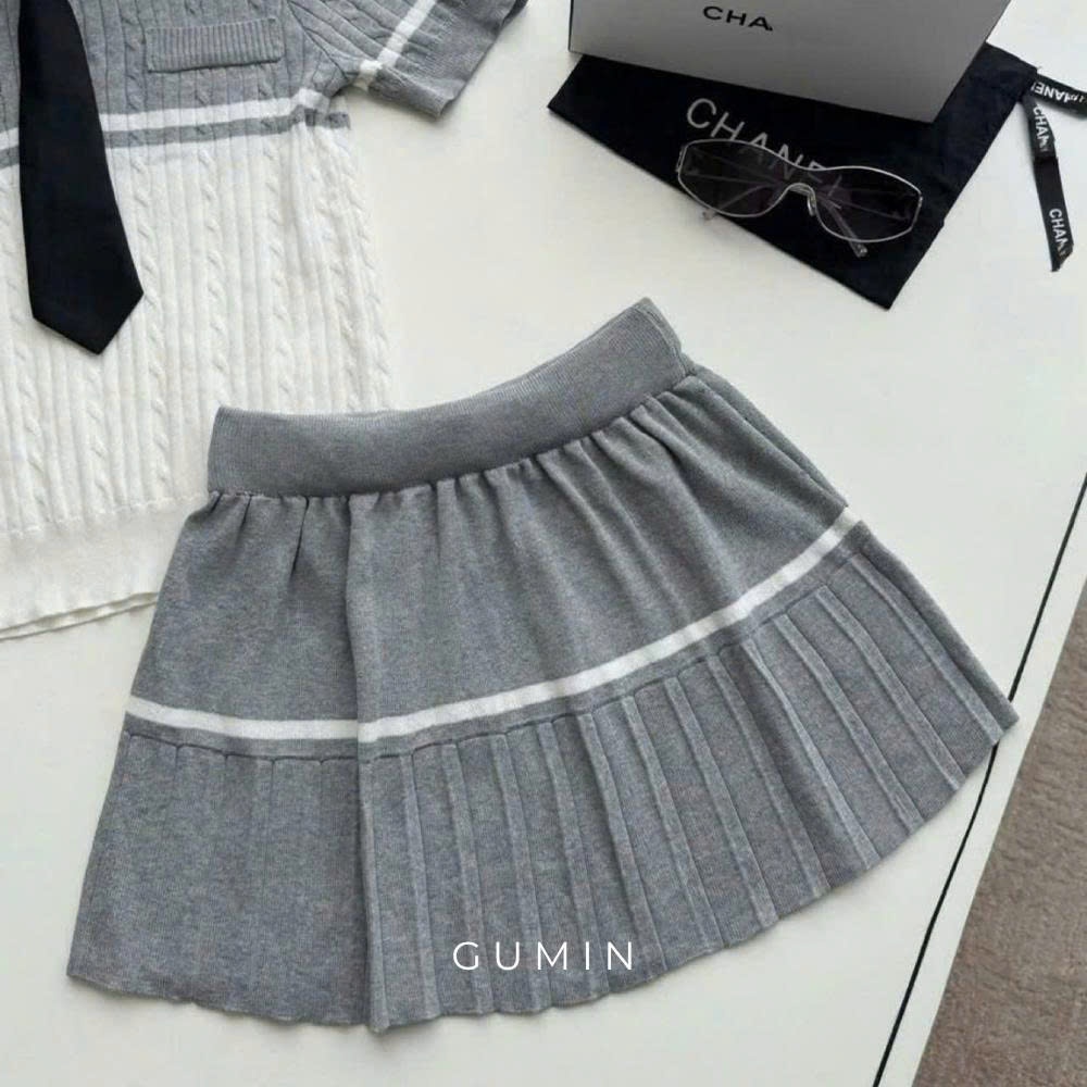 Set bộ áo váy len GUMIN thiết kế áo len ngắn tay cổ bẻ mix cà vạt kèm chân váy xếp ly sang trọng, Set đồ nữ trẻ trung th
