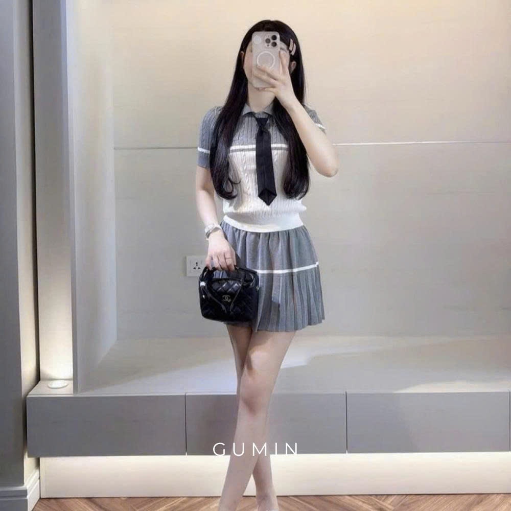 Set bộ áo váy len GUMIN thiết kế áo len ngắn tay cổ bẻ mix cà vạt kèm chân váy xếp ly sang trọng, Set đồ nữ trẻ trung th