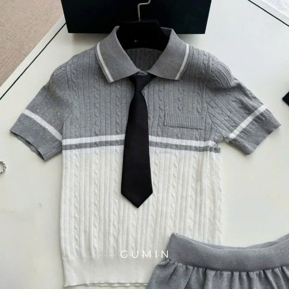 Set bộ áo váy len GUMIN thiết kế áo len ngắn tay cổ bẻ mix cà vạt kèm chân váy xếp ly sang trọng, Set đồ nữ trẻ trung th