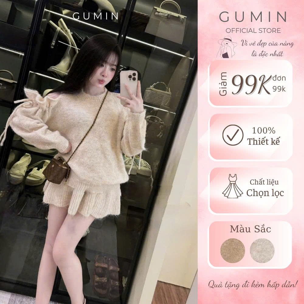 Set bộ áo váy len GUMIN thiết kế áo len dài tay hở vai phối kèm chân váy ngắn sang trọng, Set áo váy len cao cấp thanh l