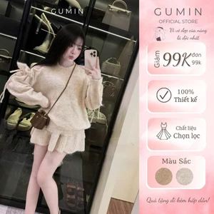 Set bộ áo váy len GUMIN thiết kế áo len dài tay hở vai phối kèm chân váy ngắn sang trọng, Set áo váy len cao cấp thanh l