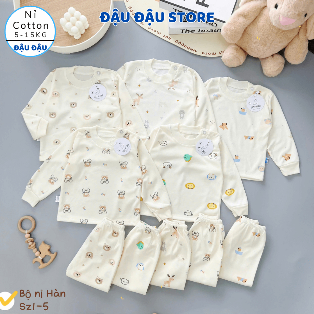 [Bộ Nỉ Cài Vai] Set 3/5 Bộ Quần Áo Dài Tay Thu Đông Nỉ Cotton In hoạ tiết mềm mịn cho bé 5-15kg NC07 Đậu Đậu Store