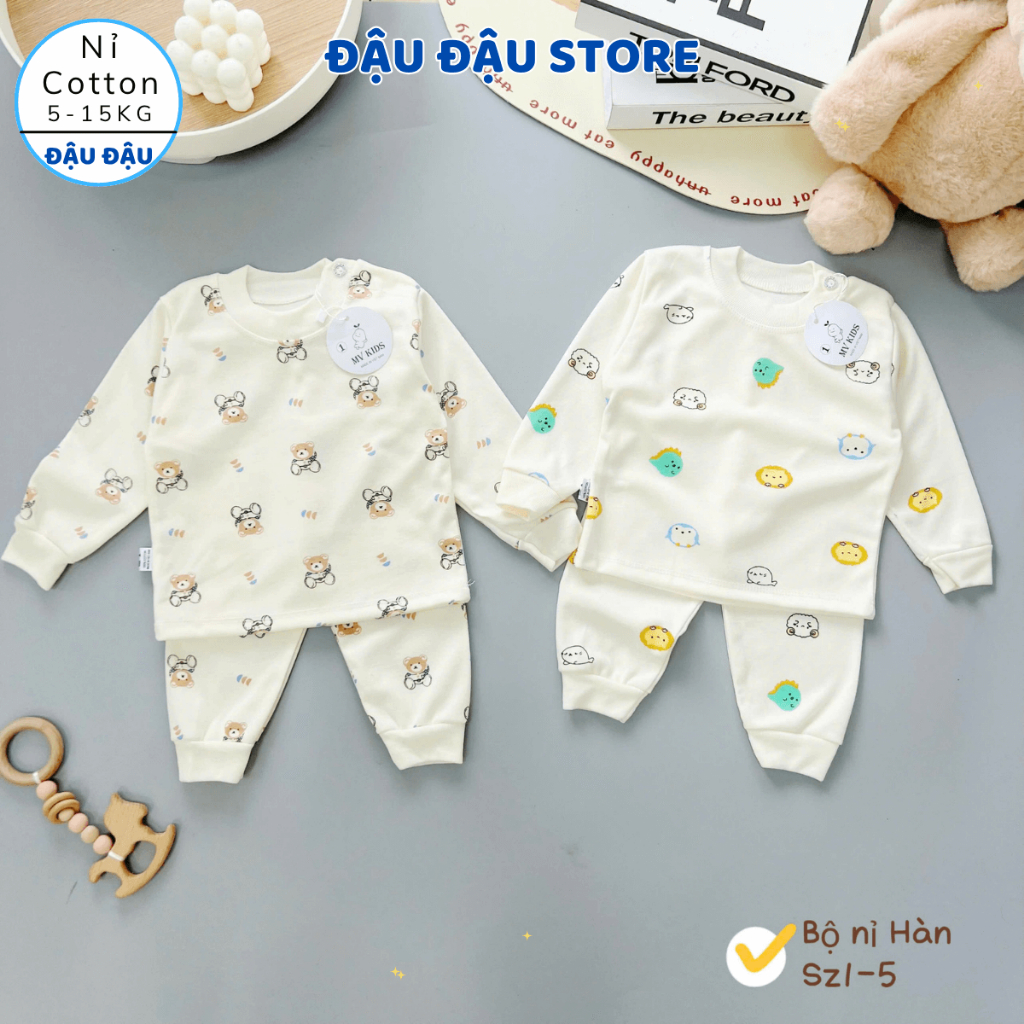 [Bộ Nỉ Cài Vai] Set 3/5 Bộ Quần Áo Dài Tay Thu Đông Nỉ Cotton In hoạ tiết mềm mịn cho bé 5-15kg NC07 Đậu Đậu Store