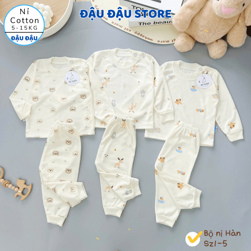 [Bộ Nỉ Cài Vai] Set 3/5 Bộ Quần Áo Dài Tay Thu Đông Nỉ Cotton In hoạ tiết mềm mịn cho bé 5-15kg NC07 Đậu Đậu Store