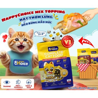 Thức Ăn Hạt Cho Mèo HappyChoice V1, V2 Túi 1KG - Không Bắp MIX TOPPING 3 Loại Thịt Sấy , Hỗ Trợ Tiêu Hóa - PetKool