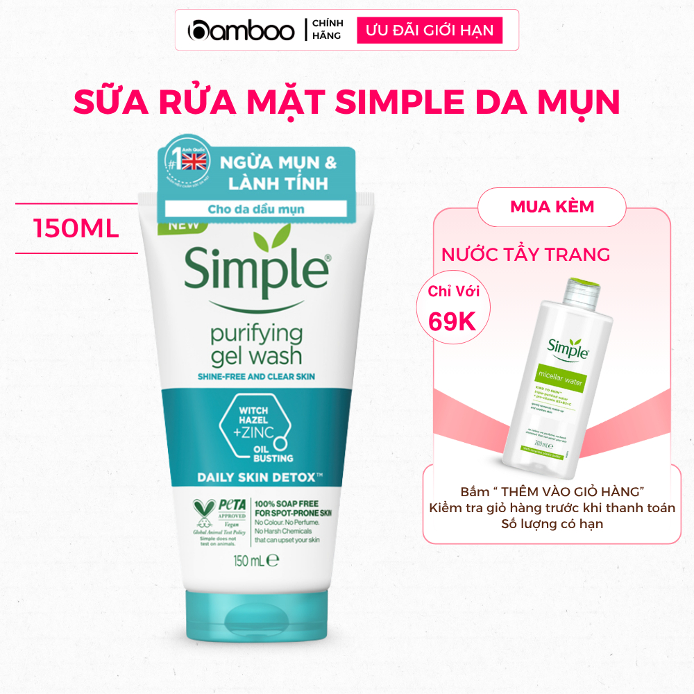 Sữa rửa mặt Simple hỗ trợ kiềm dầu ngăn ngừa mụn, làm sạch da dịu nhẹ không gây khô căng da