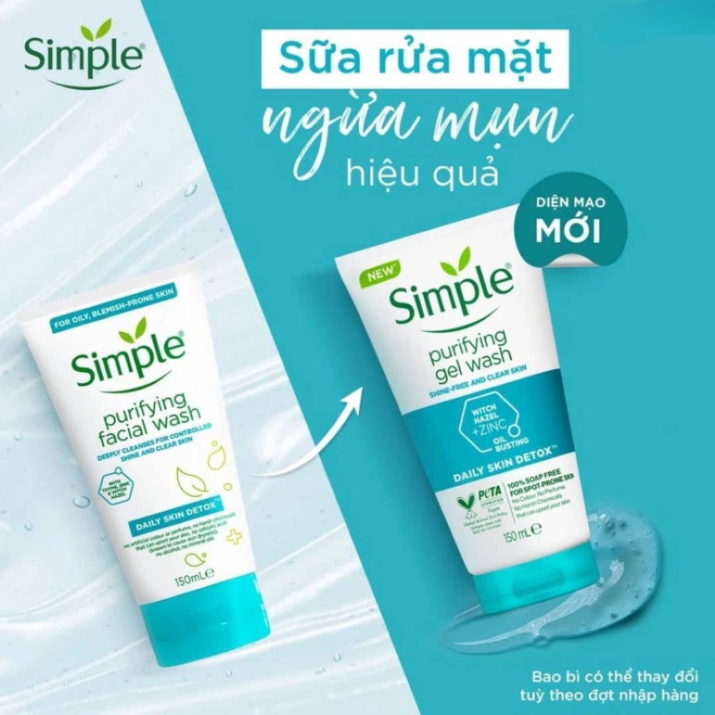 Sữa rửa mặt Simple làm sạch dịu nhẹ, giúp da sáng mịn, cấp ẩm cho mọi loại da kể cả da nhạy cảm