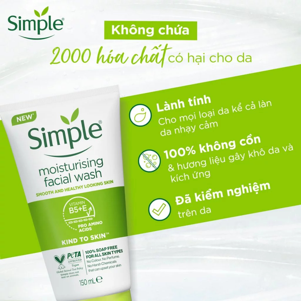 Sữa rửa mặt Simple làm sạch dịu nhẹ, giúp da sáng mịn, cấp ẩm cho mọi loại da kể cả da nhạy cảm