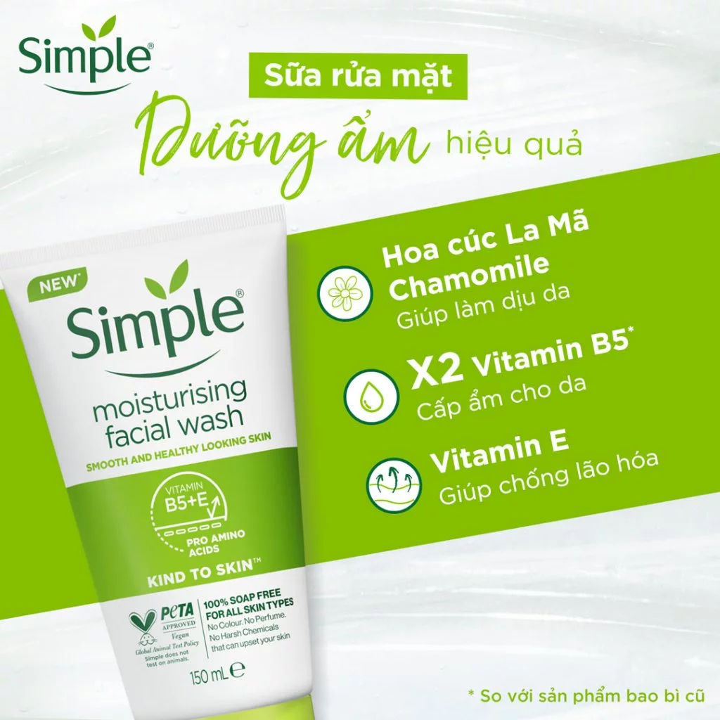 Sữa rửa mặt Simple làm sạch dịu nhẹ, giúp da sáng mịn, cấp ẩm cho mọi loại da kể cả da nhạy cảm