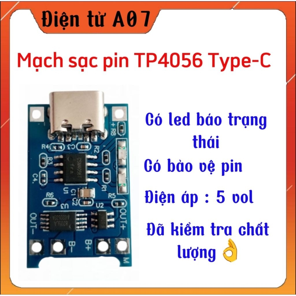 5 Mạch sạc pin 1s lithium-ion TP4056 1A  cổng type C  có bảo vệ pin khi sạc