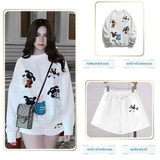 Set Bộ Nỉ Nữ Thu Đông CHEPOL Cổ Tròn, In Chú Cừu, Chất Nỉ Chân Cua Cao Cấp( Áo Sweater Trắng + Quần Đùi Trắng )-CP_x4077