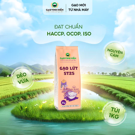 Gạo Lứt ST25 Vinh Hiển Túi 1KG - Nguyên cám, dẻo mềm, thơm ngon, gạo lứt healthy