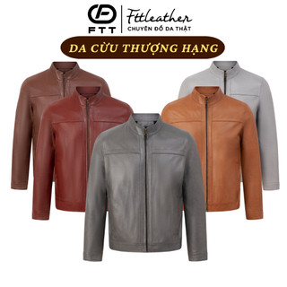 Áo khoác da cừu nam Racerjacket Fttleather viền ngang ngực da cừu thật bền bỉ, áo da cổ tròn da xịn