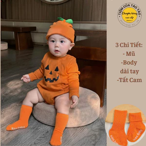 Bodysuit Bí Ngô Halloween dài tay tặng kèm mũ và tất Cam cho bé trai bé gái từ 4-14kg chụp,body