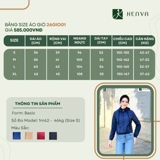 26GI001 Áo gió nữ KENVA 2 lớp chất gió cao cấp túi ốp chống nước cản gió cản bụi chống nắng nhẹ