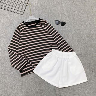 Set Đồ Bộ Bigsize Nữ Áo Phông Rộng Kẻ Sọc Ngang Kèm Quần Đùi Lưng Chun Mặc Mát Thoải Mái A311+Q500