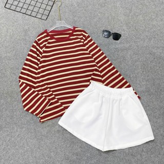 Set Đồ Bộ Bigsize Nữ Áo Phông Rộng Kẻ Sọc Ngang Kèm Quần Đùi Lưng Chun Mặc Mát Thoải Mái A311+Q500