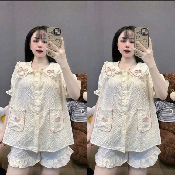 Bộ Đũi Đùi Cổ Bèo Phối Nơ Hoa – Túi Xinh Nữ Tính | MS A24