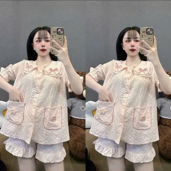 Bộ Đũi Đùi Cổ Bèo Phối Nơ Hoa – Túi Xinh Nữ Tính | MS A24