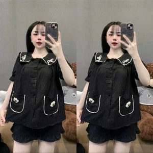 Bộ Đũi Đùi Cổ Bèo Phối Nơ Hoa – Túi Xinh Nữ Tính | MS A24