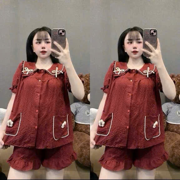 Bộ Đũi Đùi Cổ Bèo Phối Nơ Hoa – Túi Xinh Nữ Tính | MS A24