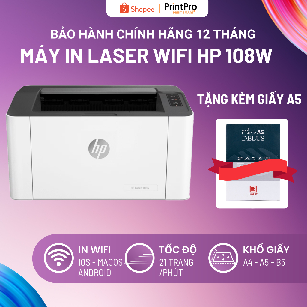 Máy in đơn hàng laser wifi in trên điện thoại HP 108W - 4ZB80A (A4/A5/WIFI/USB)