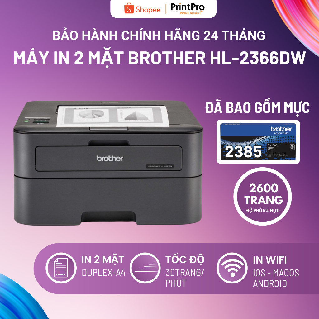 Máy in laser đơn năng Brother HL-L2366DW - Wifi, in 2 mặt tự đông -Tốc độ in 30ppm