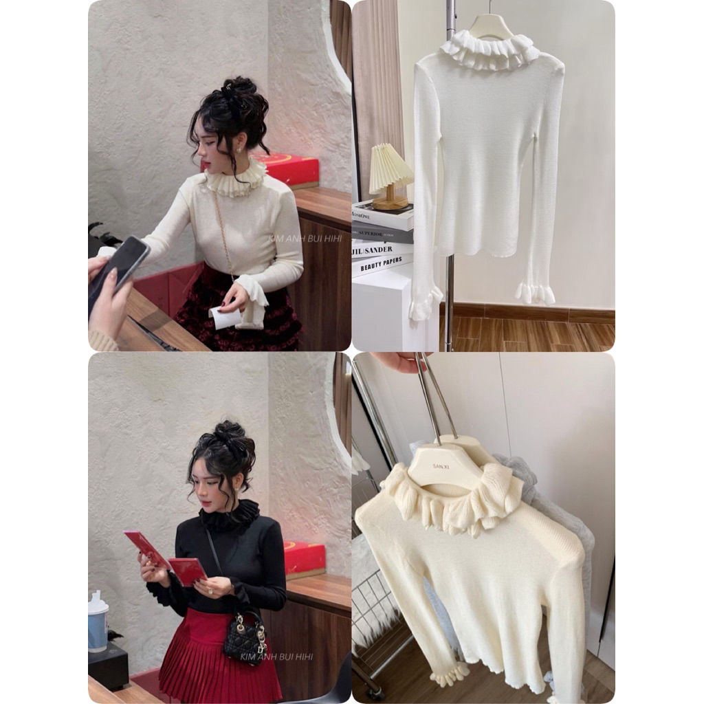 𝑺𝒔𝒖.𝑺𝒕𝒖𝒅𝒊𝒐/(CÓ SẴN) Hàng Quảng châu Áo len lông cừu cổ ren bèo tay bèo mix áo dạ, gile siu xinh