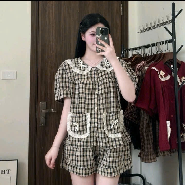 Bộ Cộc Bánh Bèo Cổ Phối Túi Ren Nơ – Dễ Thương Nữ Tính | MS A30