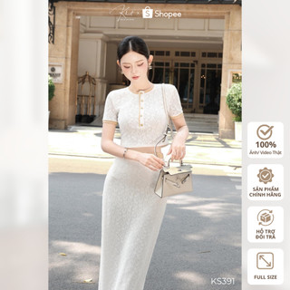 Set áo croptop viền nâu khuy vàng Khiết Style phối chân váy ren thun suông dài thanh lịch KS391