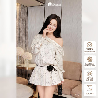 Set lụa chấm bi lệch vai Khiết Style xếp ly xòe phối belt hoa đen & quần short, phong cách trẻ trung KS372