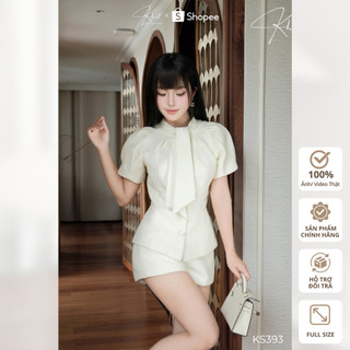Set tweed bông xù trắng kem KHIẾT gồm áo cổ nơ tay phồng dáng peplum + quần short thanh lịch KS393