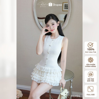 Đầm Khiết Style dáng ôm ren kem dệt kim tùng váy xếp tầng nhúng bồng bềnh KD194