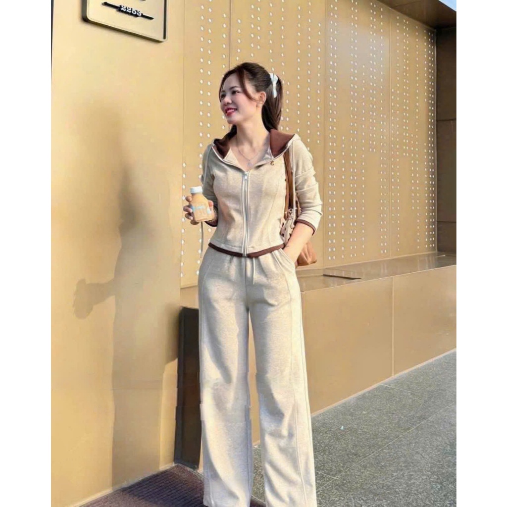 Set bộ nỉ nữ GUMIN thiết kế áo khoác có mũ thêu mèo kèm quần suông dài, set bộ nỉ thể thao thanh lịch sang trọng