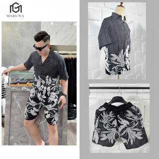 Bộ pyjama lụa nam ngắn tay họa tiết lá cọ– Thiết kế hiện đại, mặc đi chơi, dạo phố cực phong cách