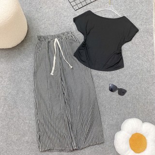 Set Bộ Bigsize Nữ Áo Lệch Vai Tay Ngắn Kèm Quần Suông Kẻ Sọc Cho Chubby 55-92kg A284+Q534