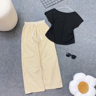 Set Bộ Bigsize Nữ Áo Lệch Vai Tay Ngắn Kèm Quần Suông Kẻ Sọc Cho Chubby 55-92kg A284+Q534