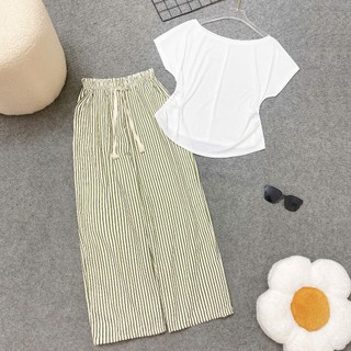Set Bộ Bigsize Nữ Áo Lệch Vai Tay Ngắn Kèm Quần Suông Kẻ Sọc Cho Chubby 55-92kg A284+Q534
