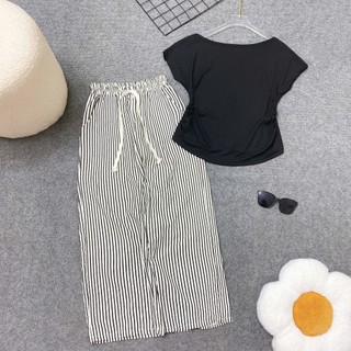 Set Bộ Bigsize Nữ Áo Lệch Vai Tay Ngắn Kèm Quần Suông Kẻ Sọc Cho Chubby 55-92kg A284+Q534
