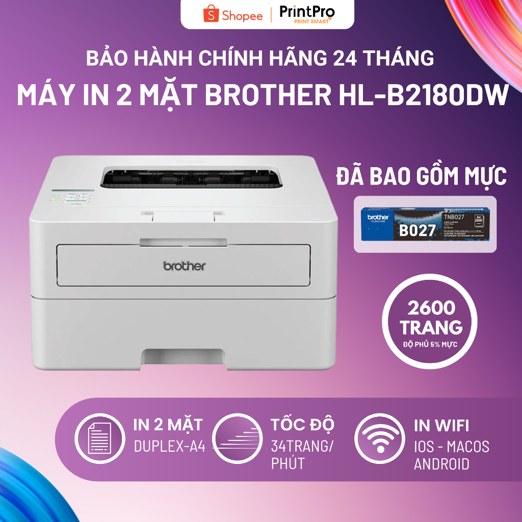 Máy in laser đơn năng Brother HL-B2180DW - Kết nối WIFI - In 2 mặt tự động