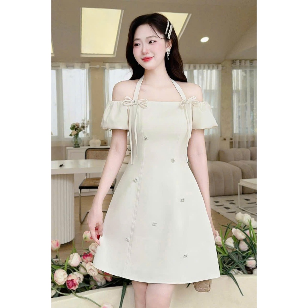 váy trễ vai tiểu thư dáng xòe dự tiệc chất ruby hàn cao cấp, đầm váy nữ thiết kế tay bồng nhẹ nhàng nữ tính