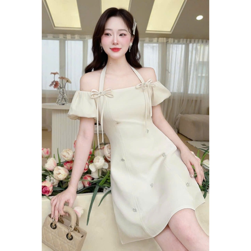 váy trễ vai tiểu thư dáng xòe dự tiệc chất ruby hàn cao cấp, đầm váy nữ thiết kế tay bồng nhẹ nhàng nữ tính