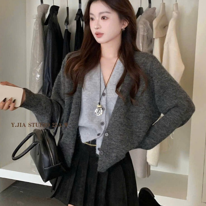 Áo Cadigan Len Lông Thỏ Giả 2 Lớp, Áo Khoác Len Cổ V Dài Tay Phối Màu Tương Phản Phong Cách Vintage Hàng Qccc Orangeclos