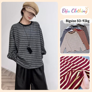 Áo Thun Sọc Ngang Bigszie Nữ Tay Dài Form Rộng Vải Thunn Cotton Co Giãn Cho Chubby A311