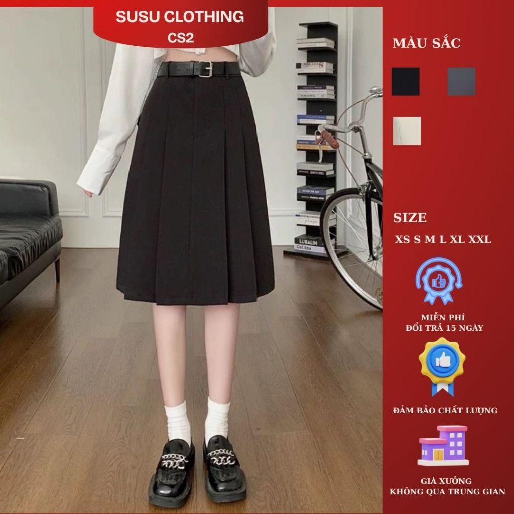 Chân váy chữ A phối xếp ly có túi 2 bên tiện lợi Susuclothing dài 60cm kèm đai 4ly60